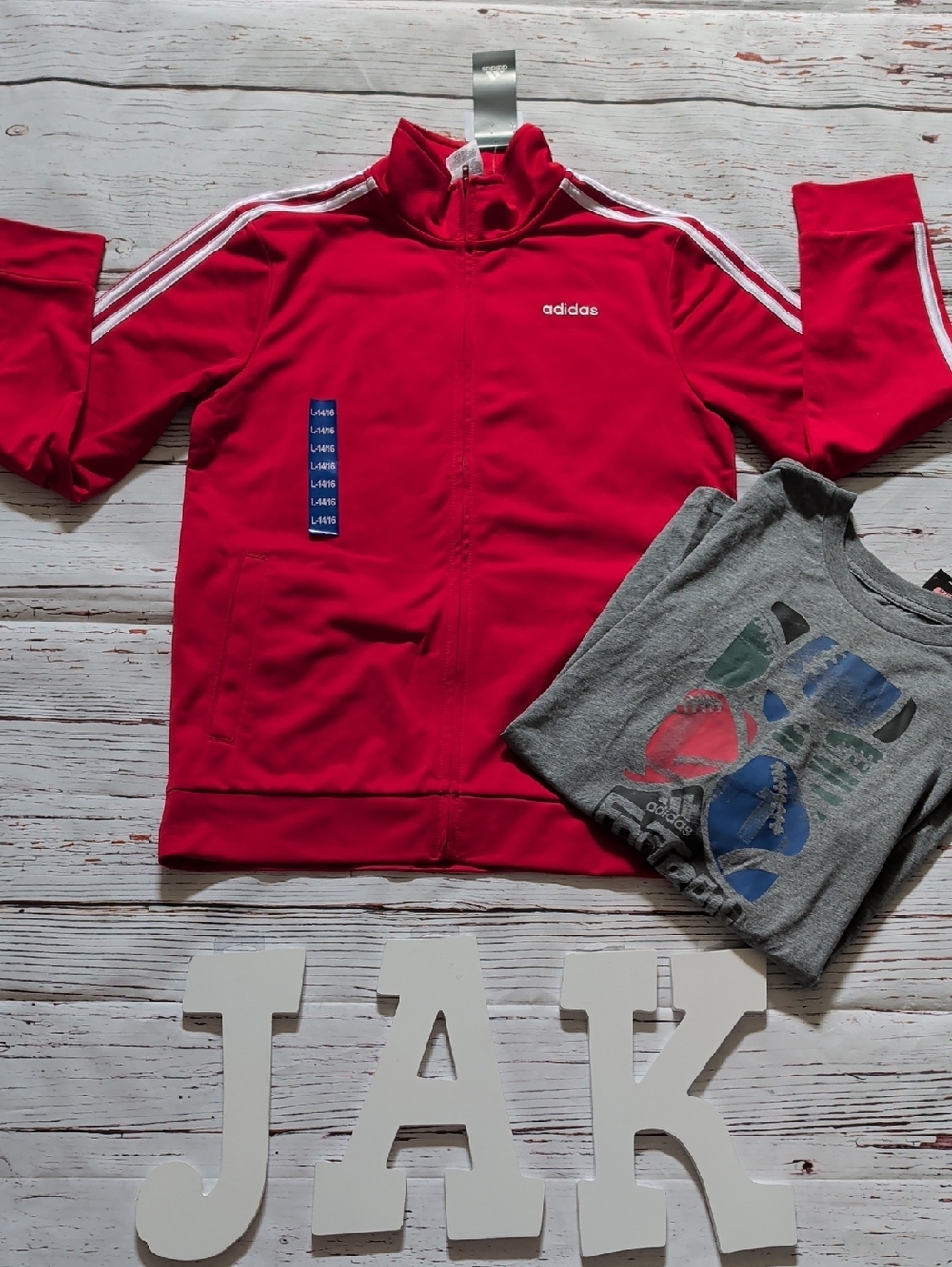 🆕 Adidas Boys Red Track Jacket And Grey Long Sleeve Shirt